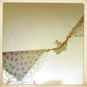 Pretty wooden butterfly pegs pegged on to this bunting add a delicate touch.